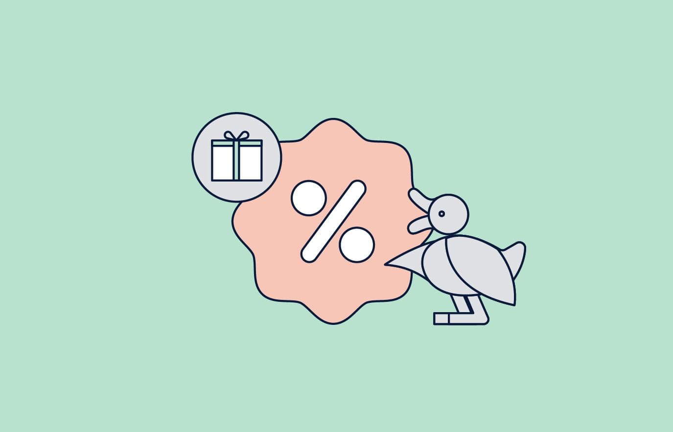 Illustration of a gray duck looking at a percentage symbol and a gift box icon.